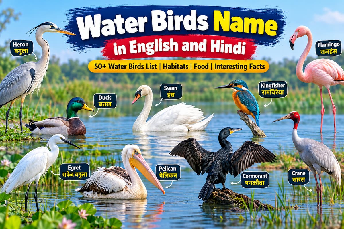 Water birds names in English and Hindi, including duck, swan, heron, flamingo, kingfisher and pelican