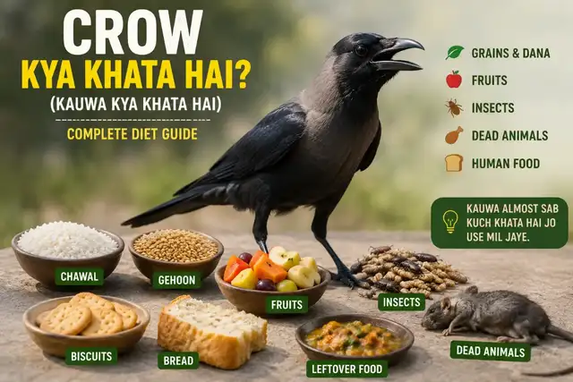 Realistic crow with grains, fruits, insects, leftover food, and other foods showing what a crow eats (Kauwa Kya Khata Hai). Crow (Kauwa) is an omnivorous bird that eats grains, fruits, insects, dead animals, and leftover human food. The table below explains the crow's diet in detail.
