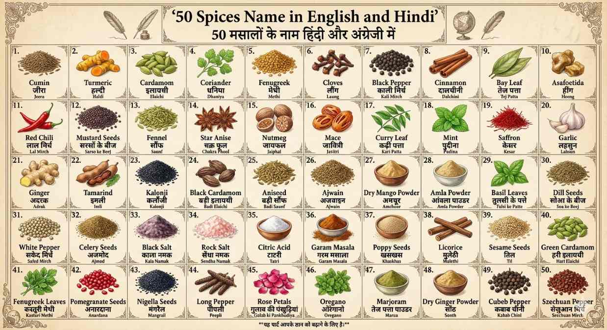 chart of 50 spices name in english and hindi