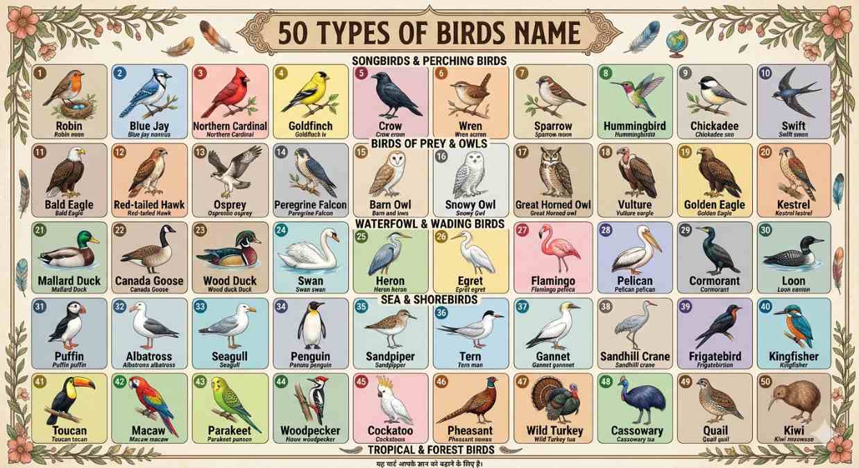 Chart of 50 Types of Birds Name