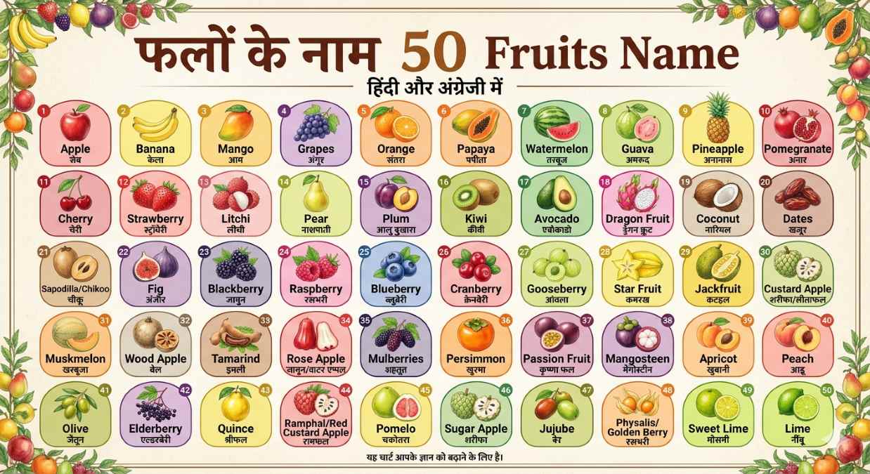 Chart of 50 fruits name in Hindi and English with pictures