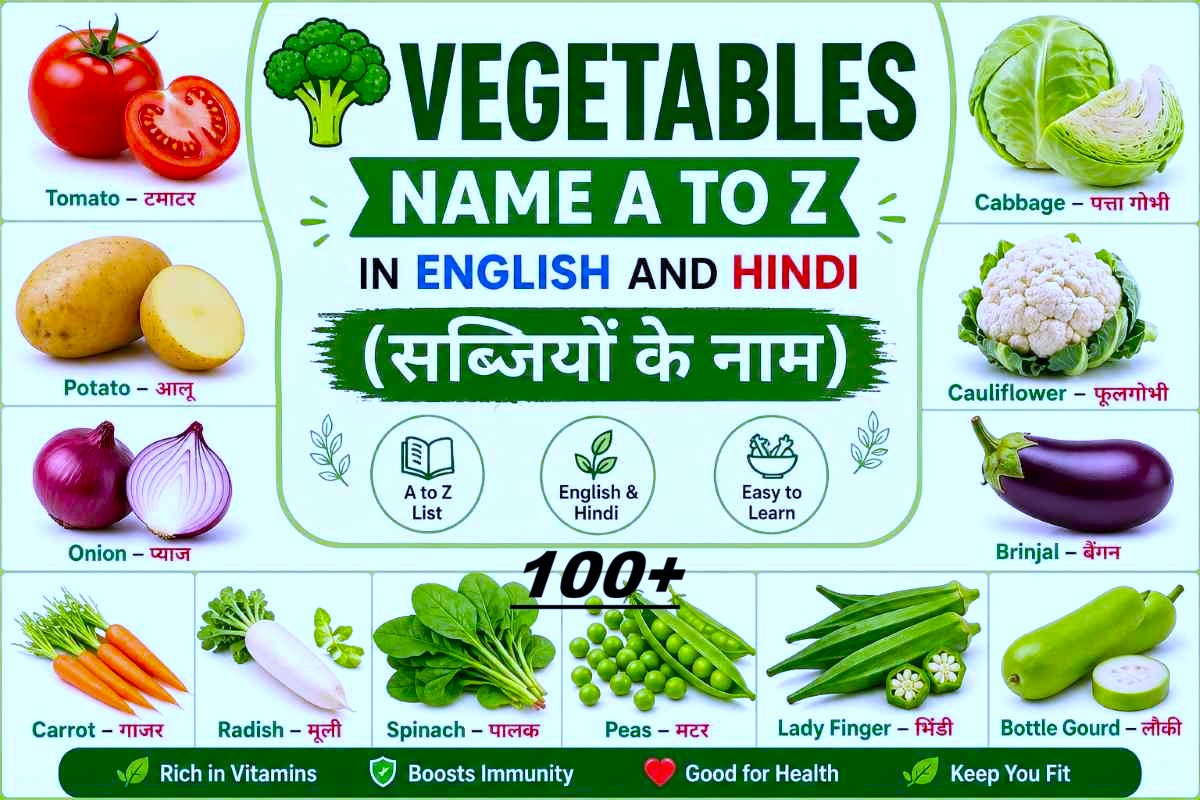 100 Vegetables Name in English and Hindi chart with pictures