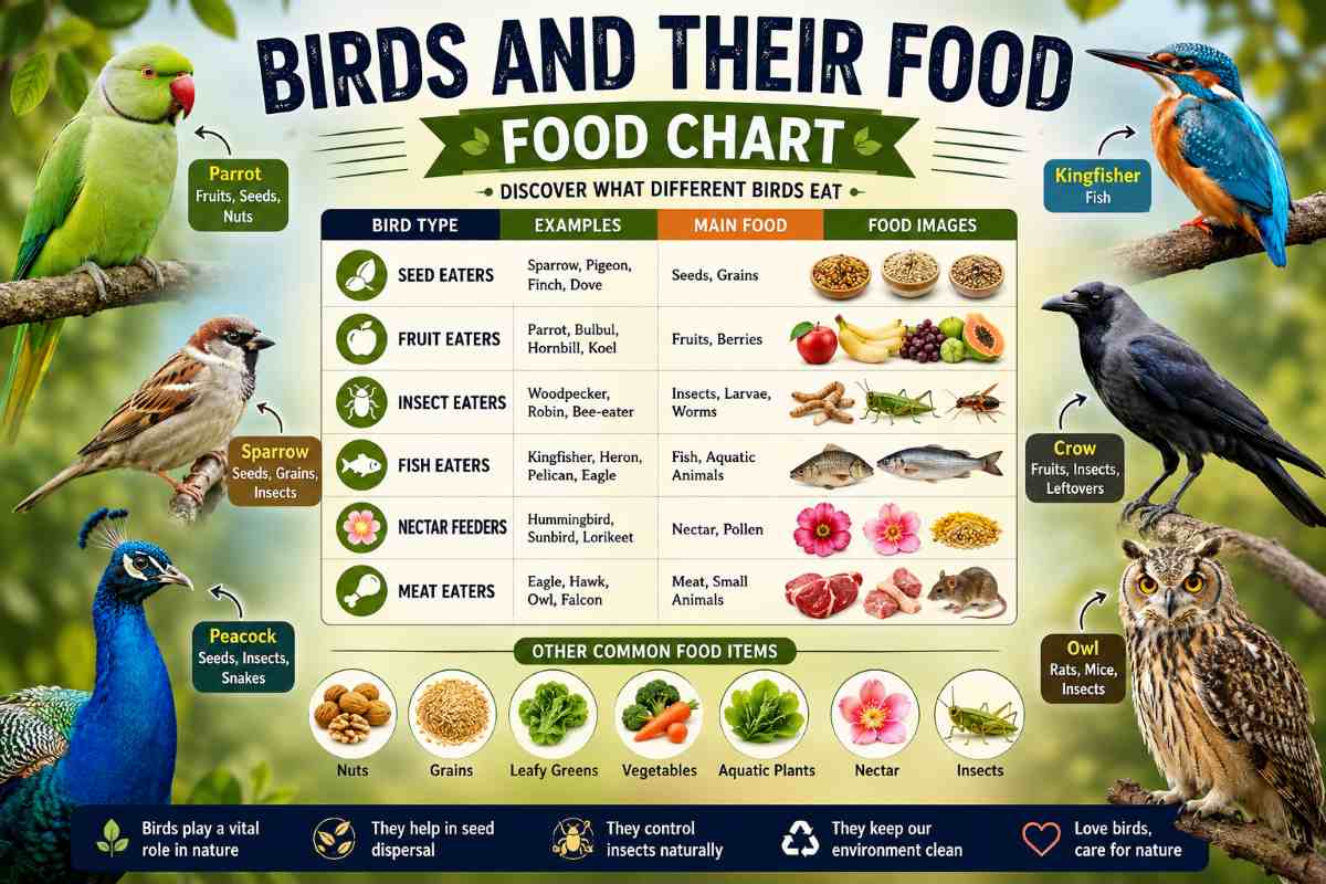 Birds and Their Food Chart showing what parrots, sparrows, pigeons, eagles, owls, peacocks, crows and other birds eat with colorful illustrations