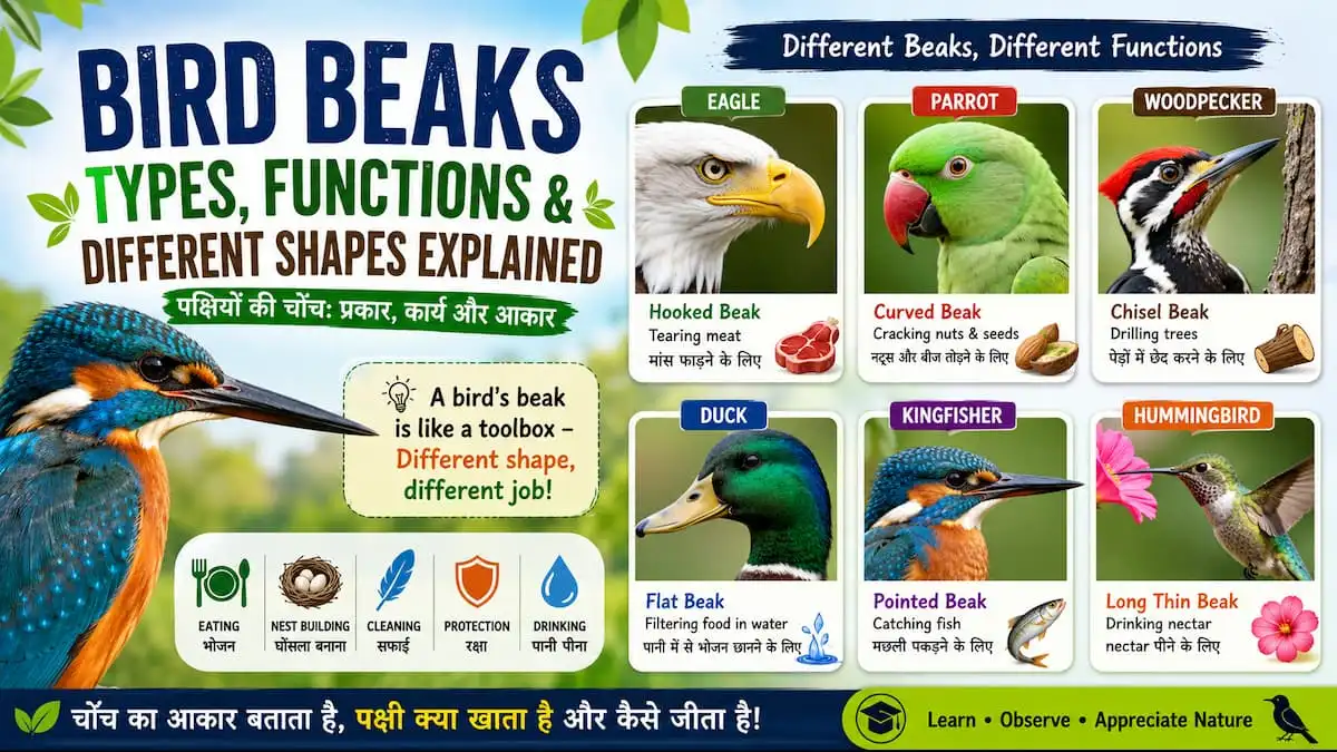 Bird beaks types and functions with examples in English and Hindi
