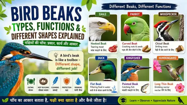 Bird beaks types and functions with examples in English and Hindi
