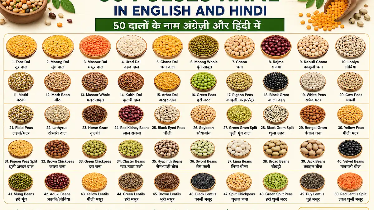 50 Pulses Name in English and Hindi with Pictures including Moong, Chana, Masoor, Urad, Toor, Rajma and other Indian pulses.
