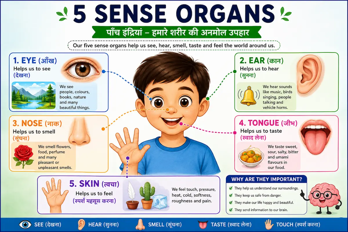 5 Sense Organs Name in English and Hindi chart with Pictures – Eye, Ear, Nose, Tongue and Skin
