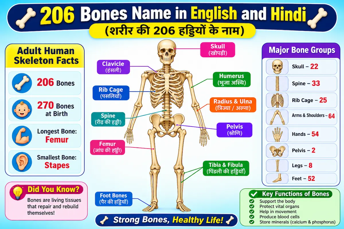 206 Bones Name in English and Hindi with Pictures (मानव शरीर की हड्डियों के नाम)