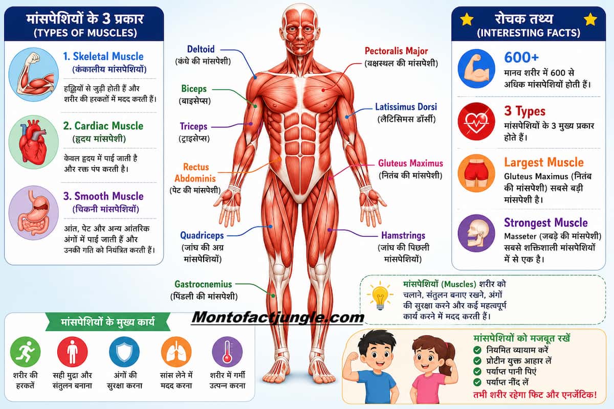 Illustration of major human muscles with names in English and Hindi, including Biceps, Triceps, Deltoid, Pectoralis Major, Quadriceps, Hamstrings, Gastrocnemius, and the three types of muscles.