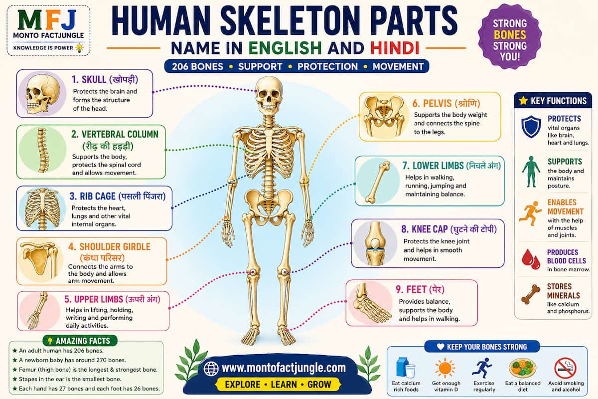 Educational infographic showing human skeleton parts name in English and Hindi with labeled bones including the skull, vertebral column, rib cage, shoulder girdle, pelvis, upper limbs, lower limbs, hands, and feet.