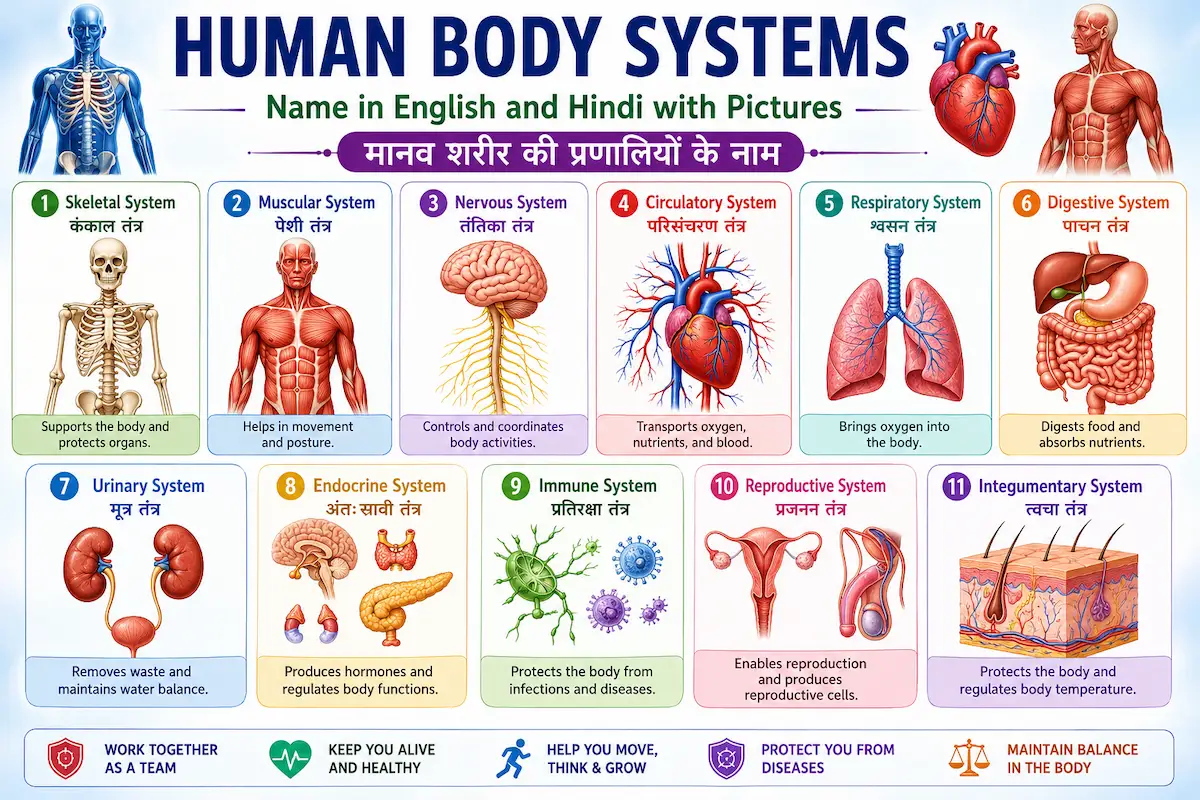 Educational infographic showing the 11 human body systems with names in English and Hindi, including the skeletal, muscular, nervous, circulatory, respiratory, digestive, urinary, endocrine, immune, reproductive, and integumentary systems.
