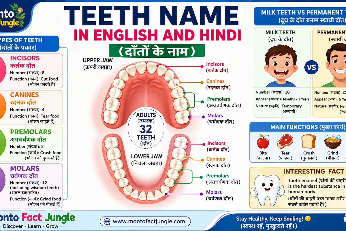 Educational infographic showing Teeth Name in English and Hindi with labeled incisors, canines, premolars, molars, milk teeth vs permanent teeth, tooth functions, and a human teeth diagram.