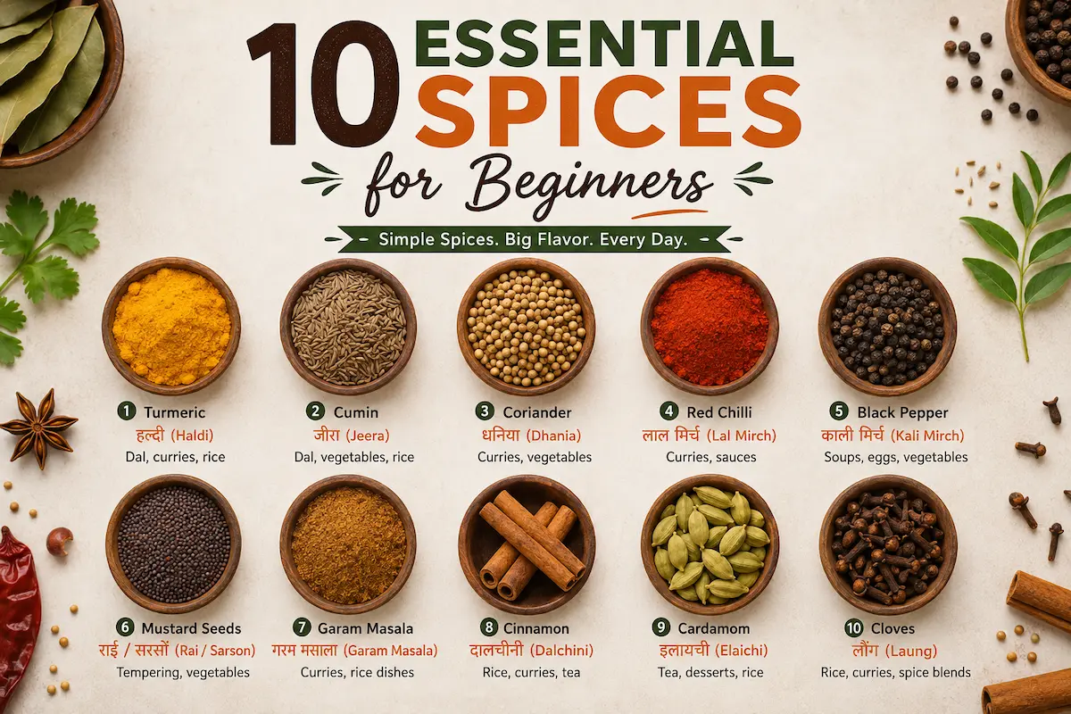 10 essential spices for beginners with English and Hindi names, flavors, and common uses.
