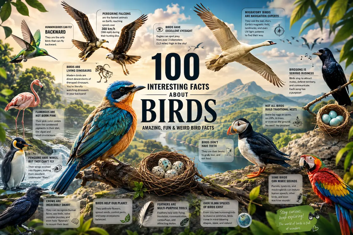 100 interesting facts about birds featuring hummingbirds, flamingos, penguins, eagles, parrots and other birds