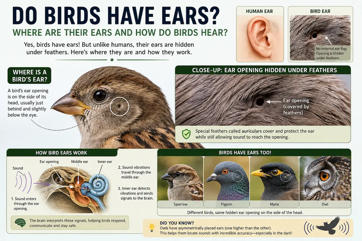 Infographic showing where birds' ears are located under their feathers and how birds hear