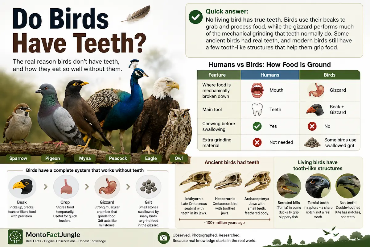 Educational infographic showing how birds eat without teeth using their beaks and gizzard