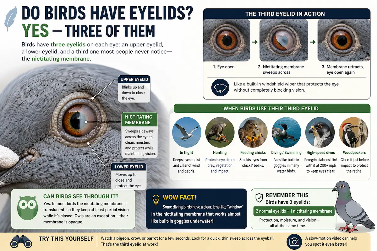Close-up of a bird eye showing the three eyelids, including the nictitating membrane