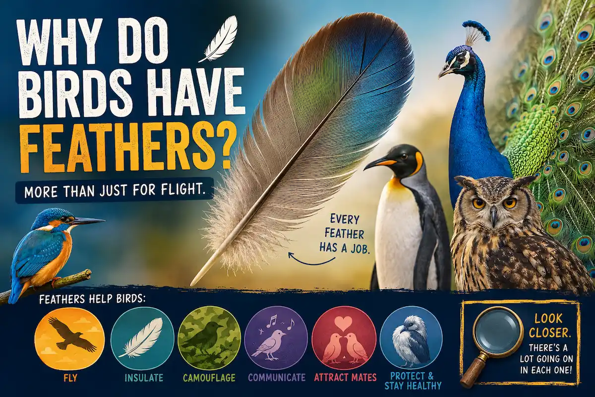 Educational illustration explaining why birds have feathers and the different functions feathers perform, including flight, insulation, water protection, camouflage, communication, courtship display, and body protection.