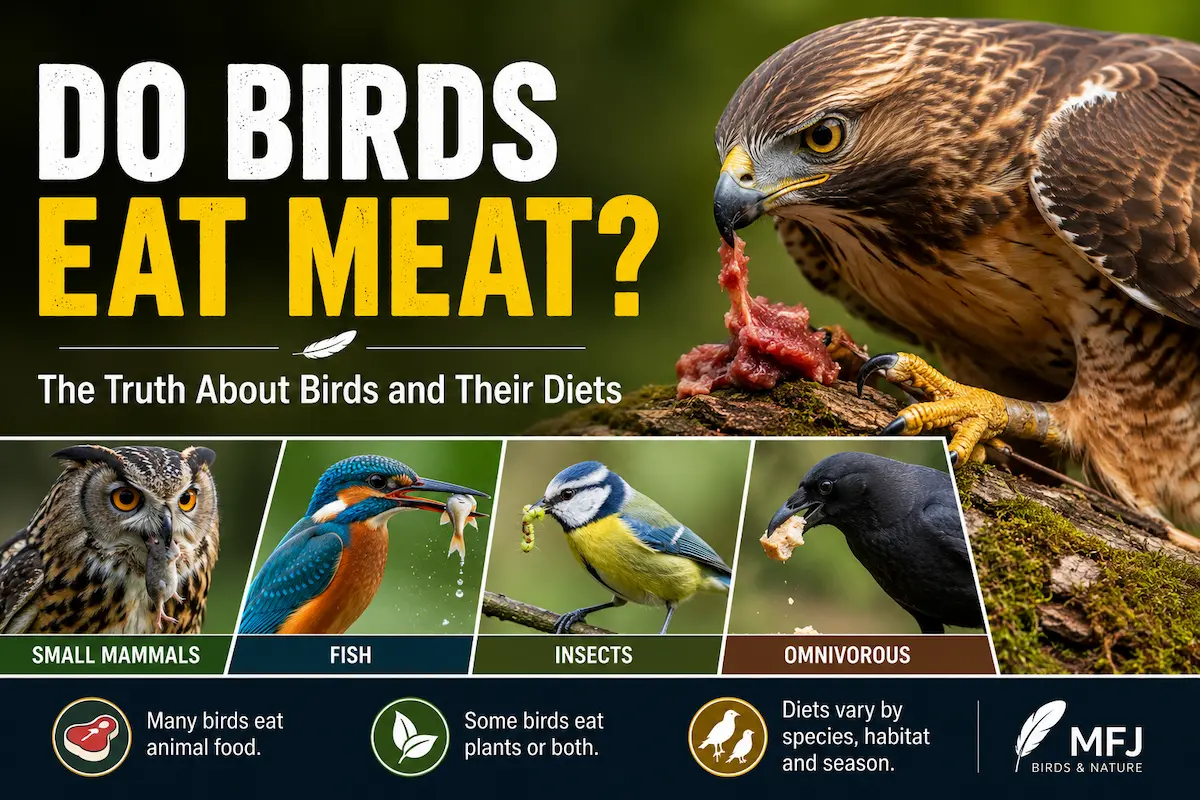 Eagle, owl, kingfisher, small bird and crow showing different types of bird diets