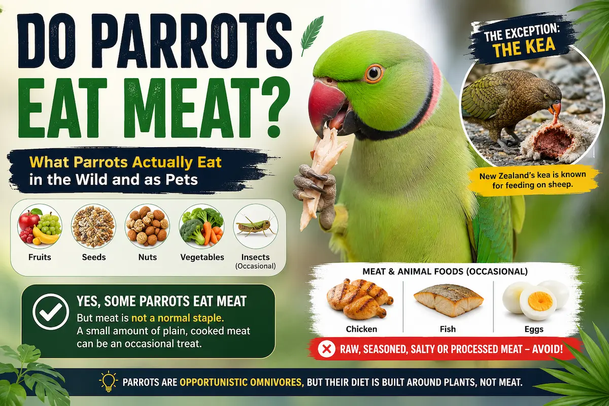 Green parrot eating meat with fruits, seeds, nuts and insects shown as part of its diet