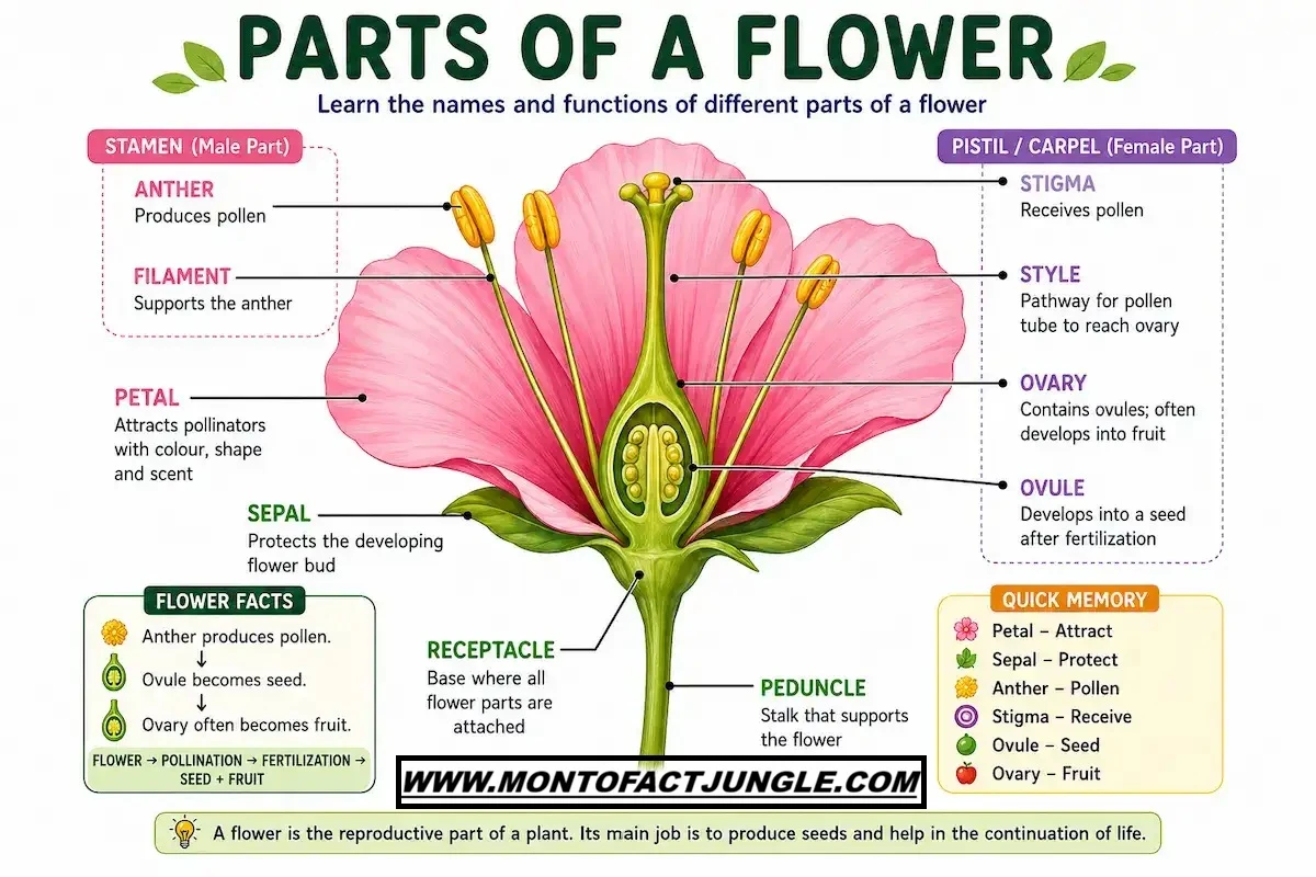 Parts of a flower diagram labeled with petal, sepal, stamen, anther, filament, pistil, stigma, style, ovary, ovule, receptacle and peduncle