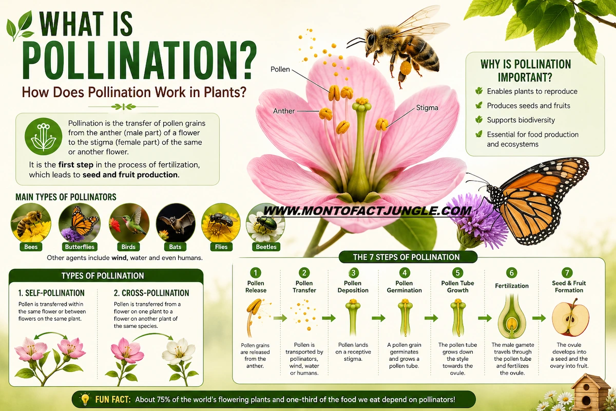 Pollination process diagram showing anther, pollen, pollinators, stigma, fertilization, seed and fruit formation