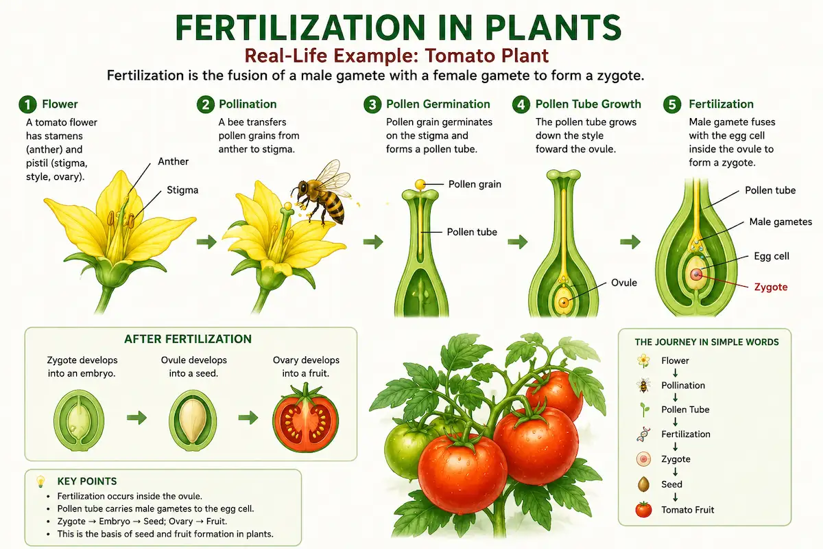 Fertilization in plants explained with a tomato flower, pollination, pollen tube, zygote, seed and fruit diagram