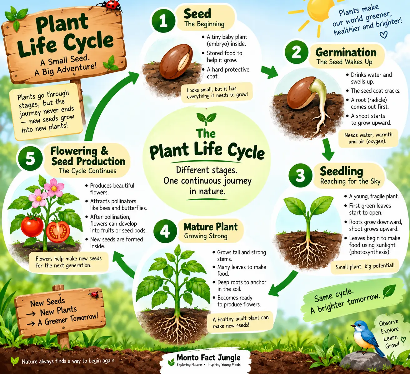 Plant life cycle diagram showing seed, germination, seedling, mature plant, and flowering stages