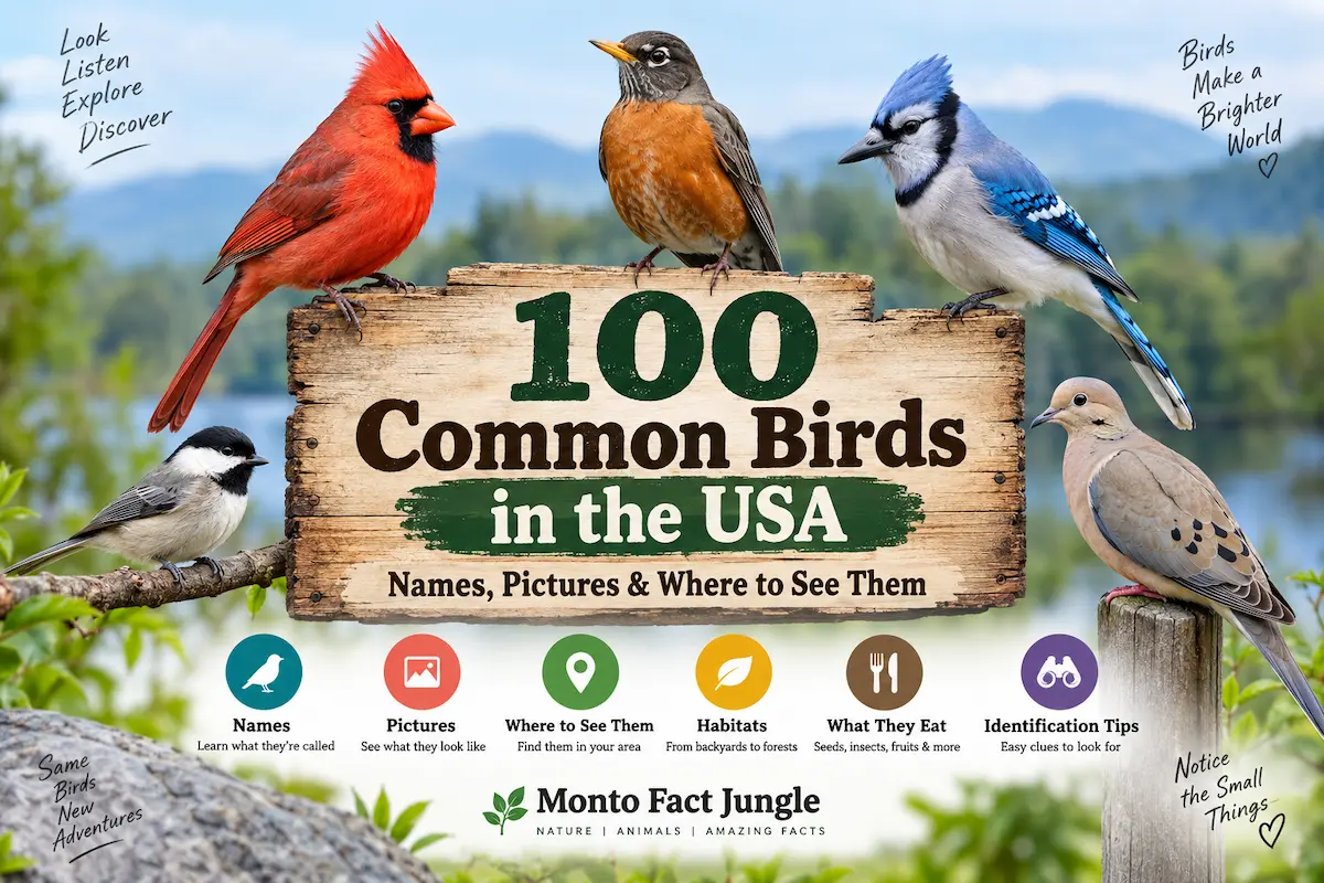 Illustration of common birds in the USA with names, pictures, habitats, and identification tips