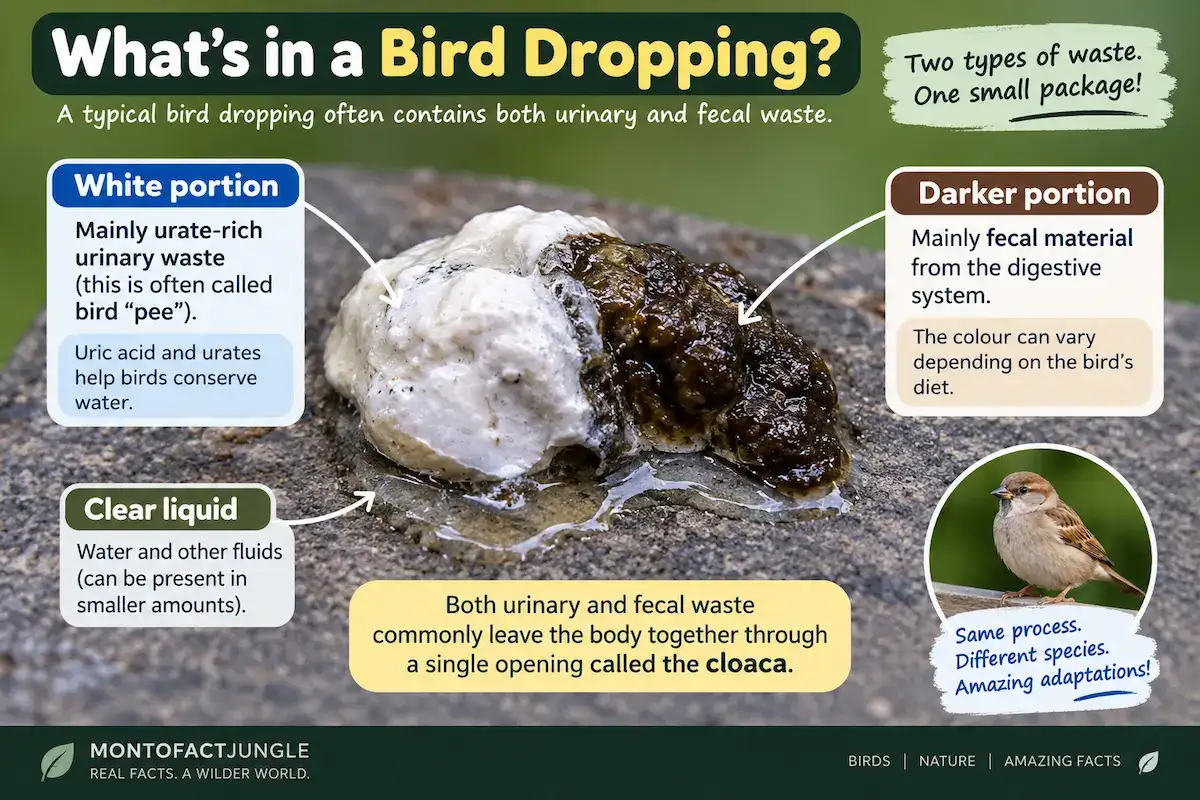 Educational infographic explaining what is found in a bird dropping. The white portion is mainly urate-rich urinary waste, while the darker portion is mainly fecal material. Birds commonly eliminate both through the cloaca.