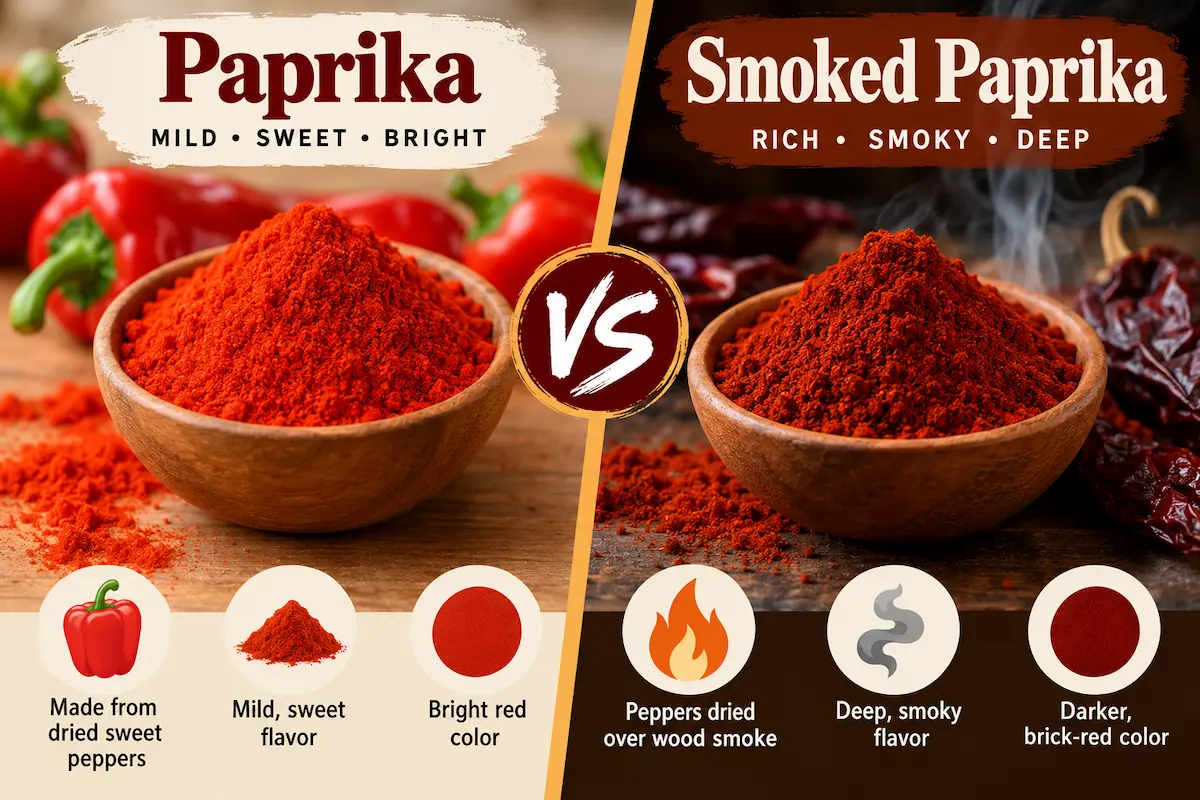 Regular paprika and smoked paprika powder compared in wooden bowls. 