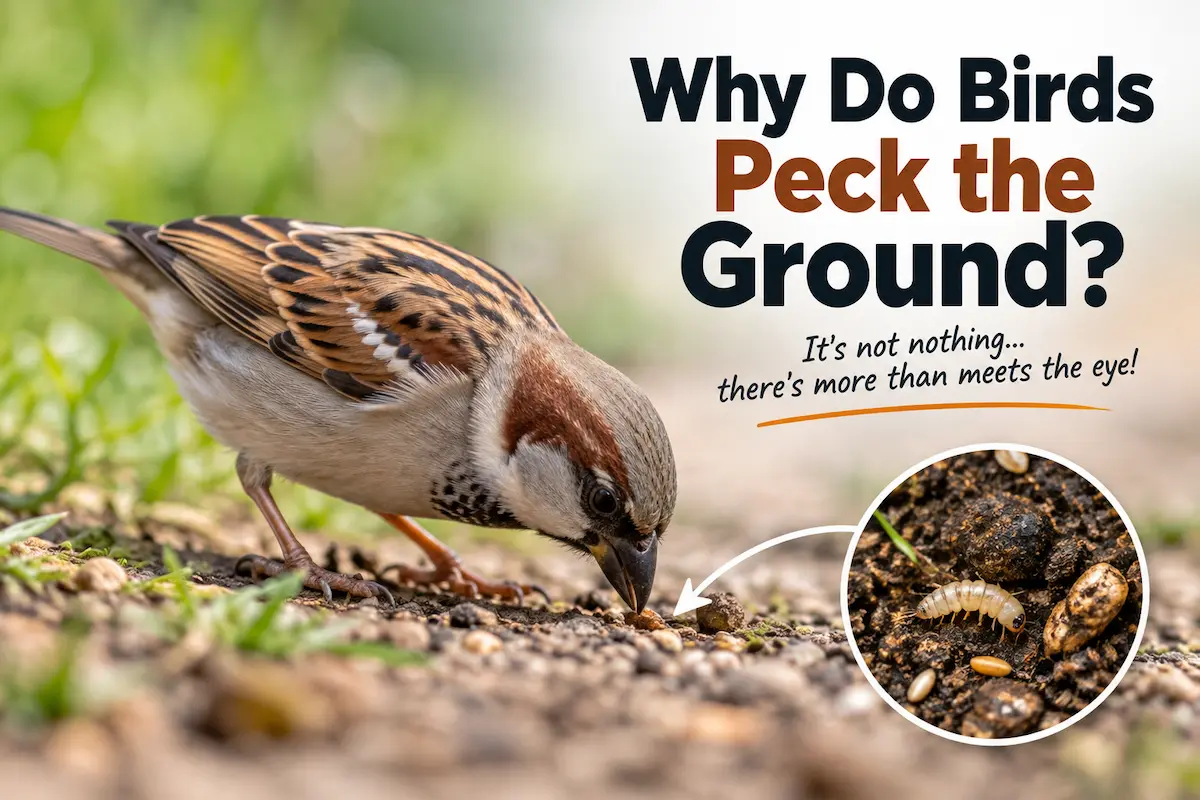 Sparrow pecking the ground while searching for food