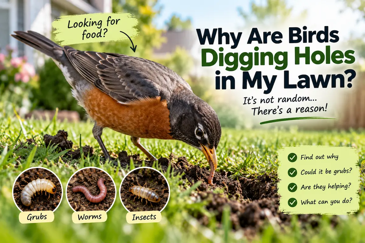 Robin digging into a lawn while searching for grubs and worms