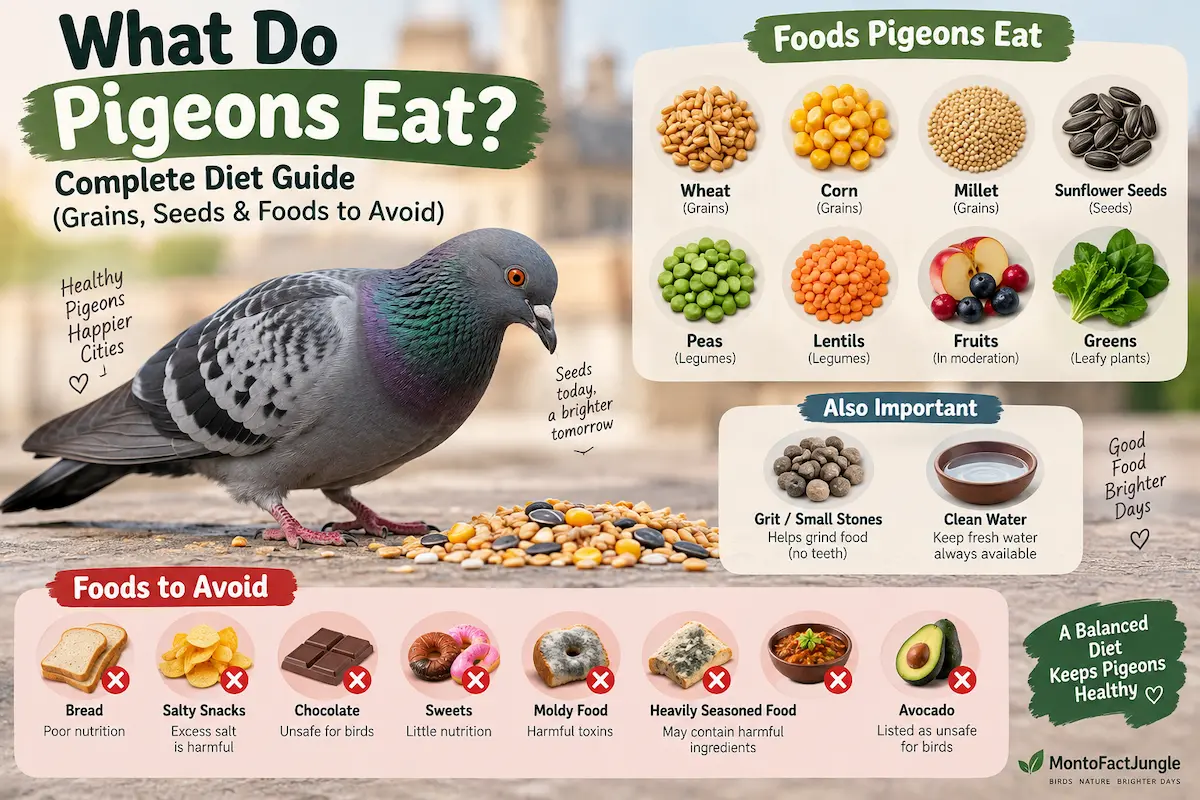 What do pigeons eat? Pigeon diet guide showing grains, seeds, legumes, grit, water, and foods to avoid