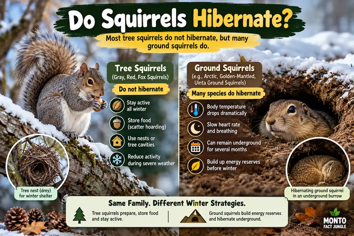 Tree squirrel staying active in winter compared with a ground squirrel hibernating underground