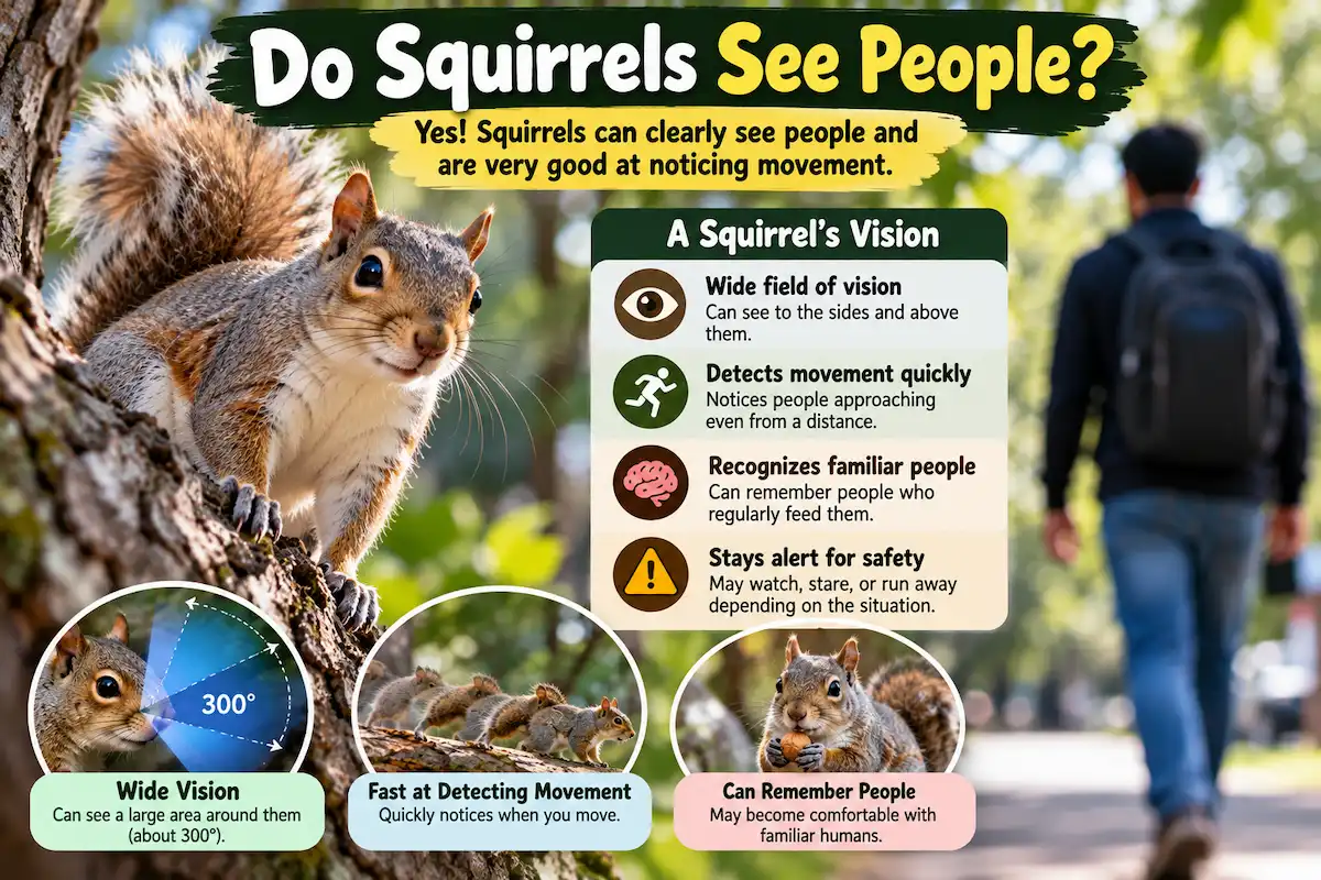 Squirrel looking at a person while showing how squirrels see and detect human movement