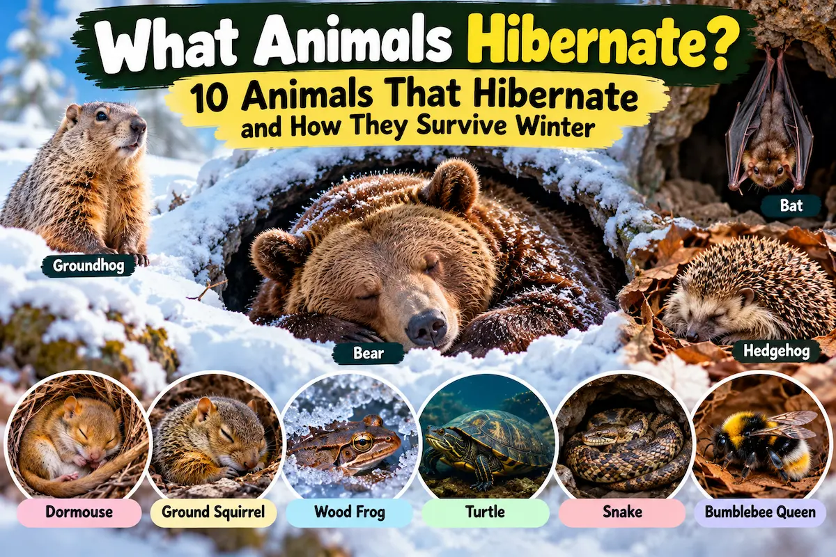 10 animals that hibernate including a groundhog, bear, bat, hedgehog, ground squirrel, wood frog, turtle, snake and bumblebee queen