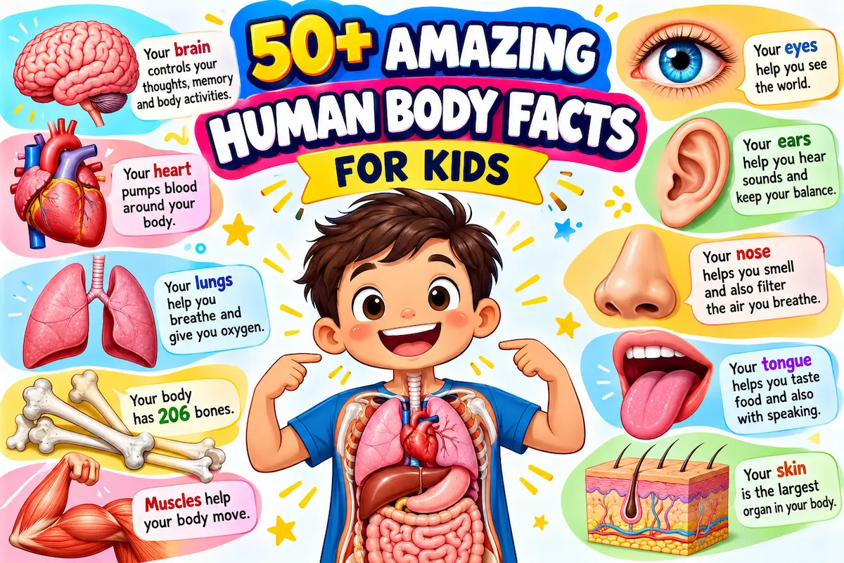 50+ amazing human body facts for kids with brain, heart, lungs, bones, eyes and skin