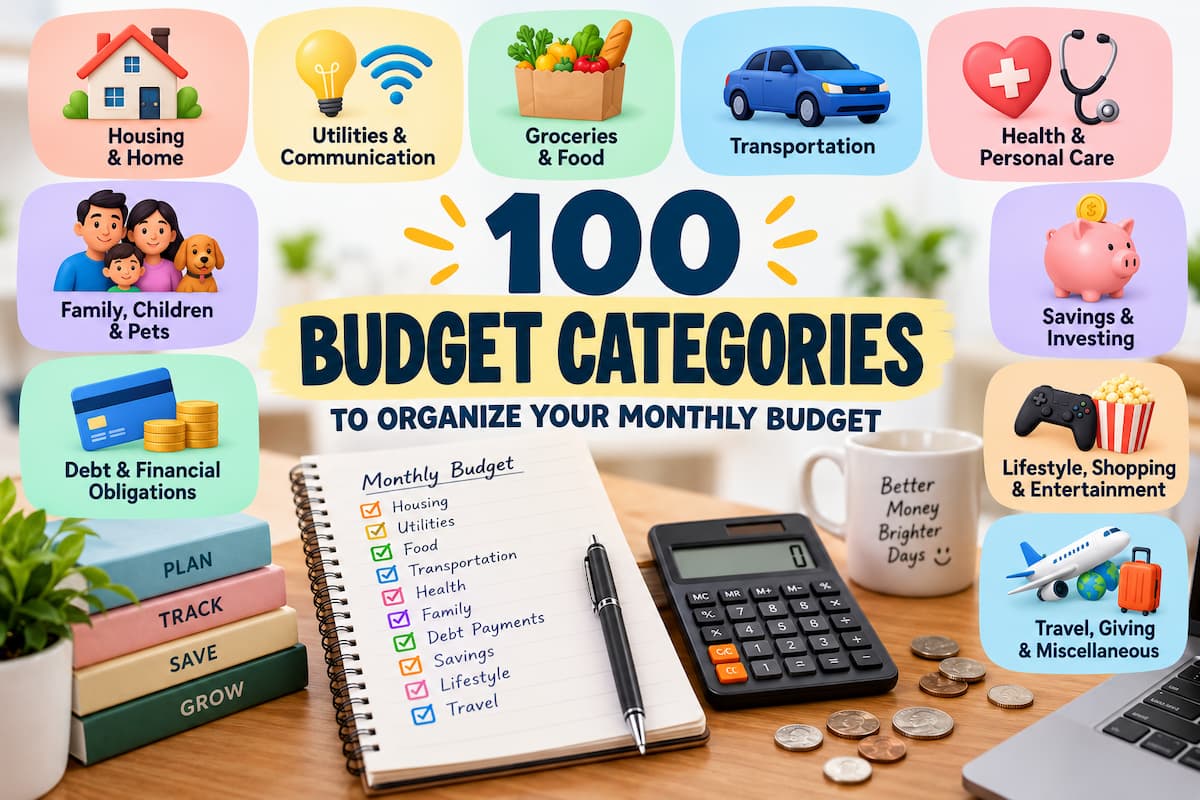 Infographic showing 100 budget categories for organizing a monthly budget, including housing, groceries, transportation, health, debt, savings, lifestyle, and travel.