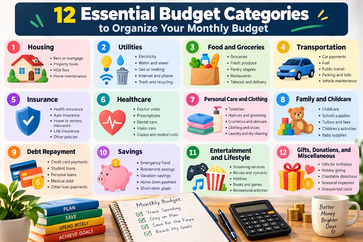 Infographic showing 12 essential budget categories, including housing, utilities, groceries, transportation, insurance, healthcare, personal care, family, debt repayment, savings, entertainment, and miscellaneous expenses.