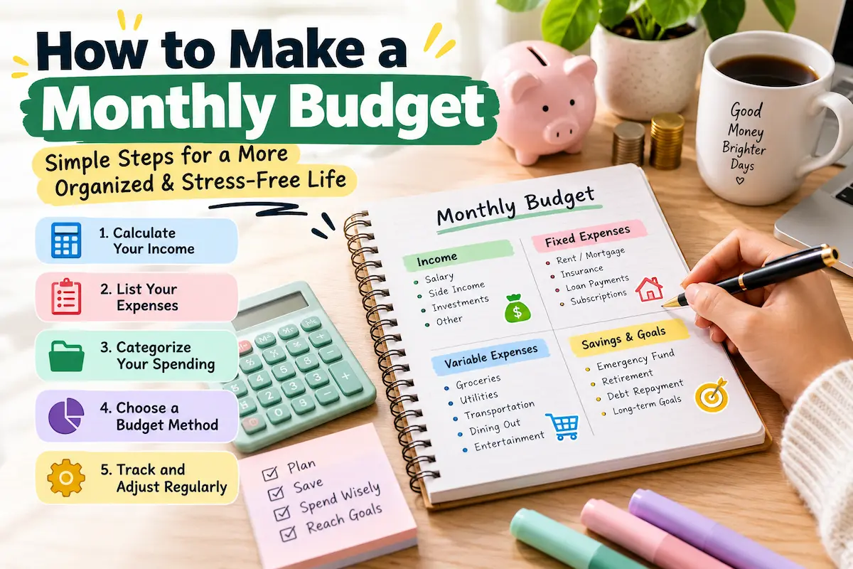Infographic showing how to make a monthly budget, with five steps: calculate income, list expenses, categorize spending, choose a budgeting method, and track and adjust regularly.