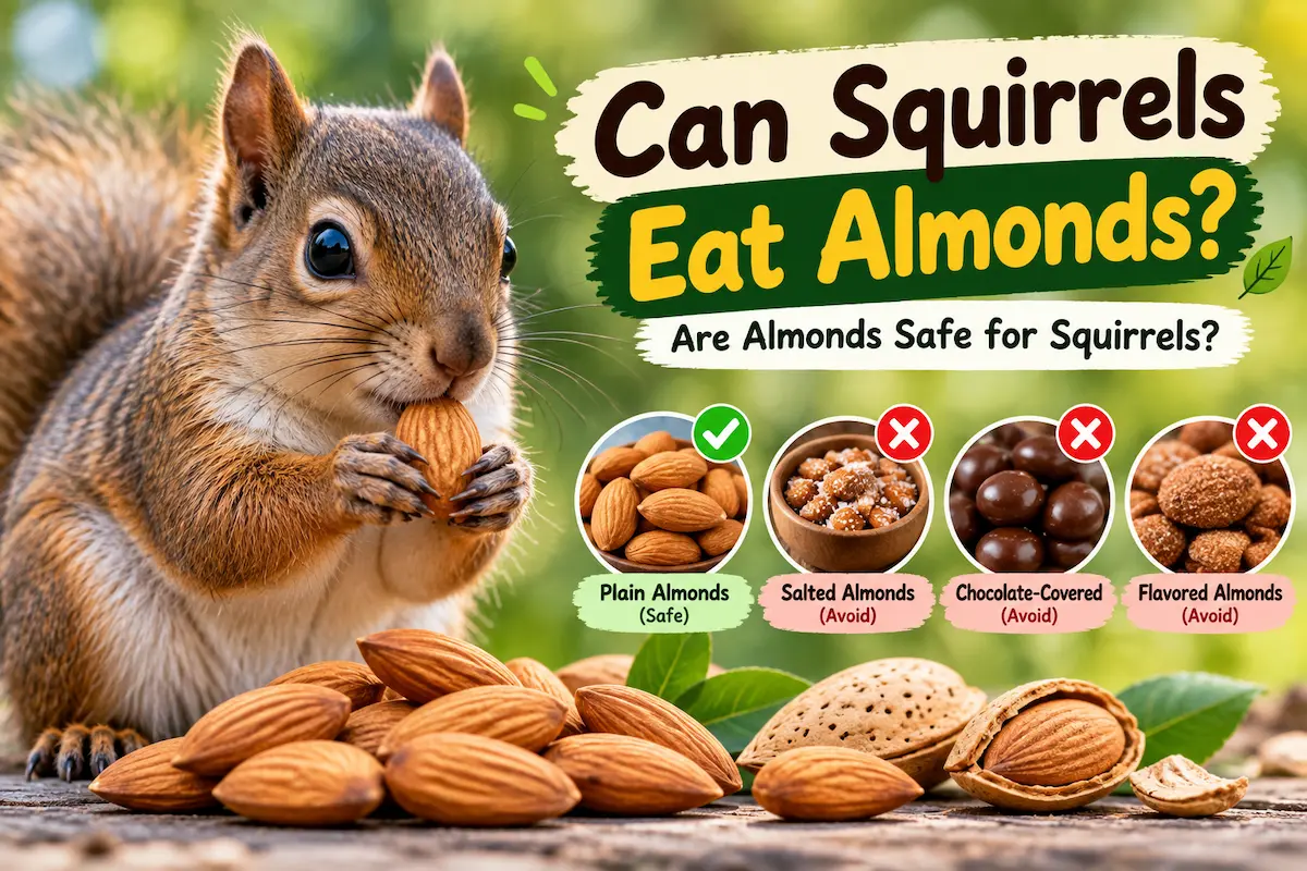 Squirrel eating a plain almond and showing which almonds are safe for squirrels