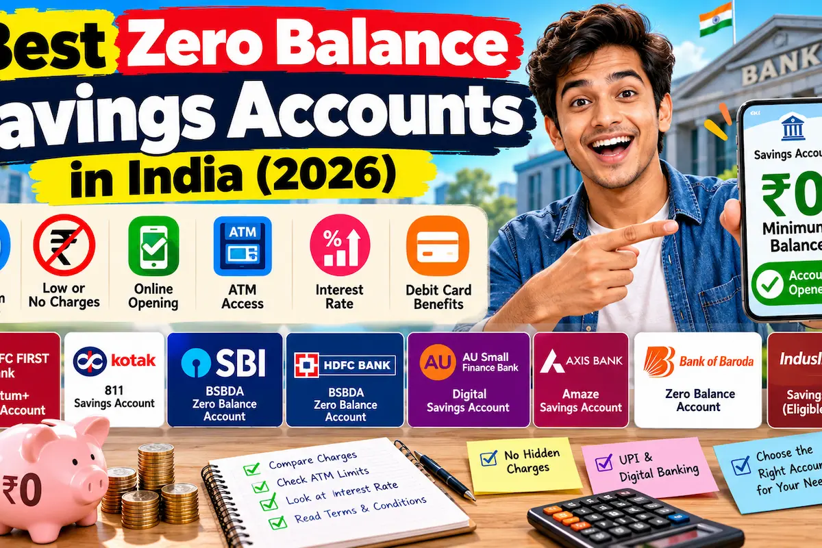 Infographic comparing zero-balance savings accounts in India, highlighting minimum balance, charges, online account opening, ATM access, interest rates, and debit card features.