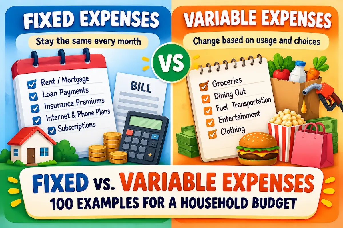 Infographic comparing fixed expenses such as rent and insurance with variable expenses such as groceries, fuel, and entertainment. Copy alt text