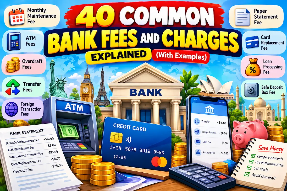 40 common bank fees and charges explained, featuring a bank, ATM, credit card, bank statement, and money-saving tips.