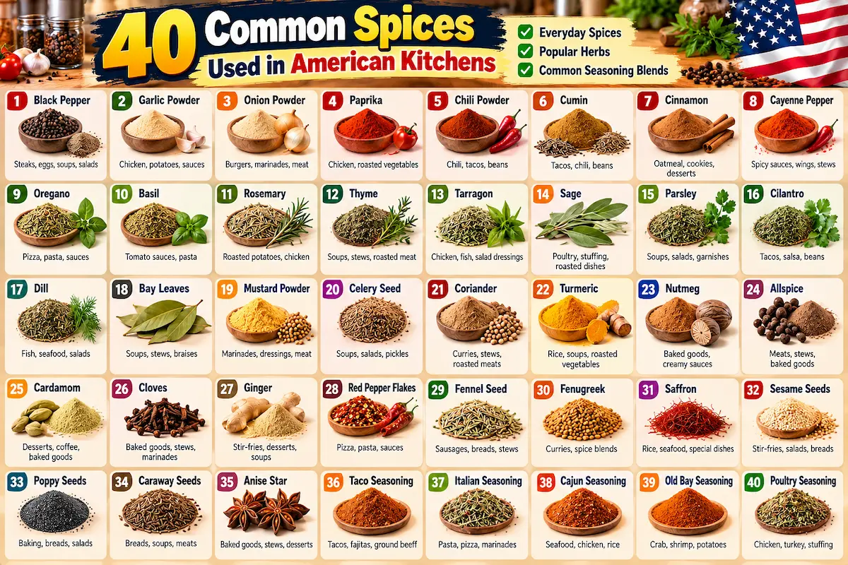 Infographic showing 40 common spices and seasonings used in American kitchens, including black pepper, garlic powder, paprika, cumin, herbs, and taco seasoning.