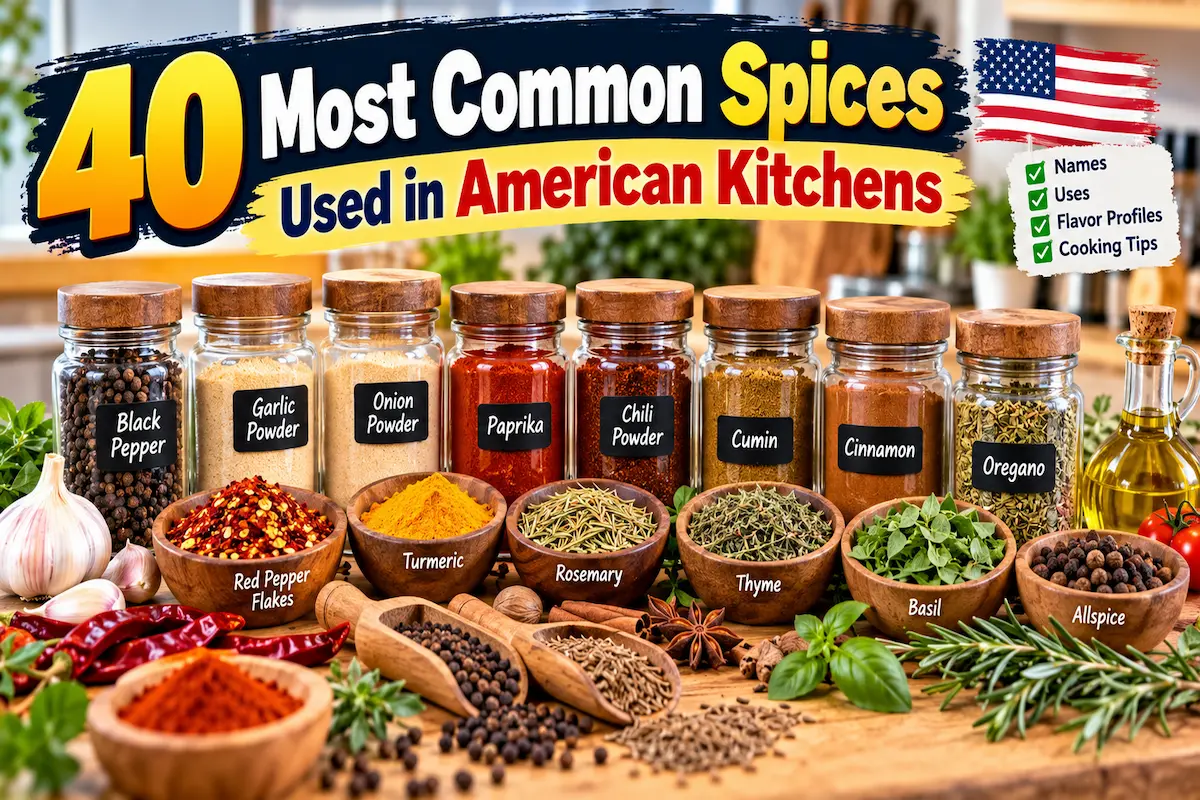 40 common spices and seasonings used in American kitchens, including black pepper, garlic powder, paprika, cumin, cinnamon, and oregano. Copy alt text