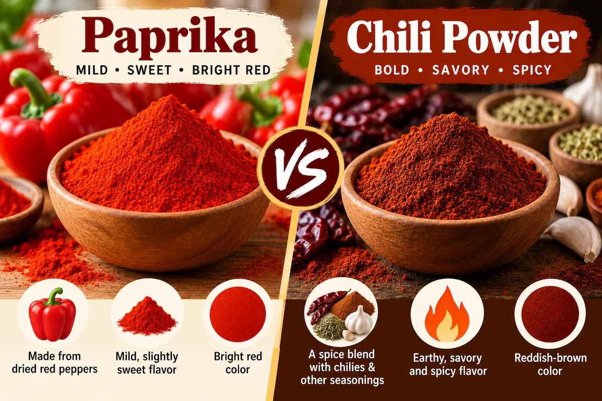 Paprika and chili powder compared side by side with red peppers and spices.