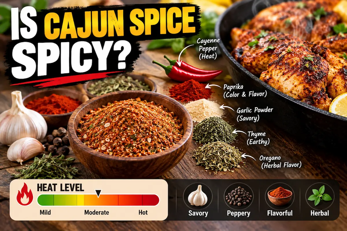 Cajun seasoning with cayenne pepper, paprika, garlic powder, herbs, and blackened chicken.