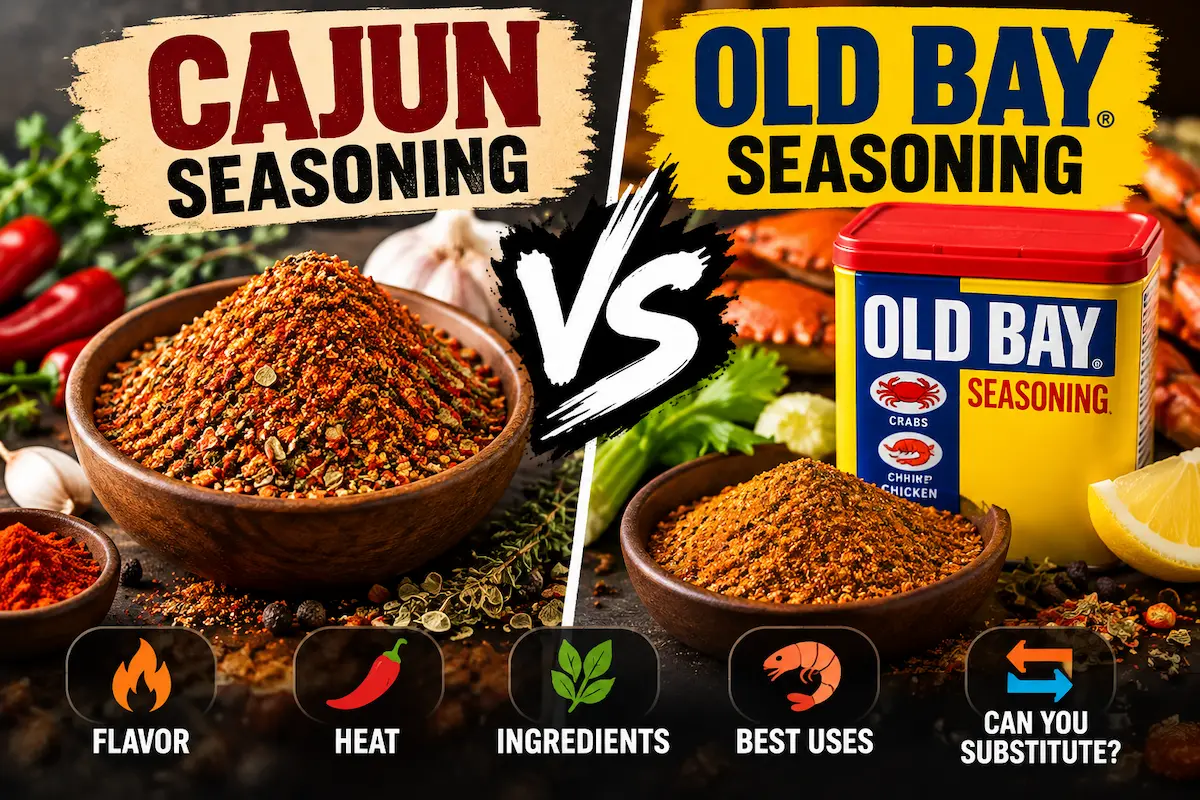 Cajun seasoning vs Old Bay seasoning compared by flavor, heat, ingredients, and best uses.